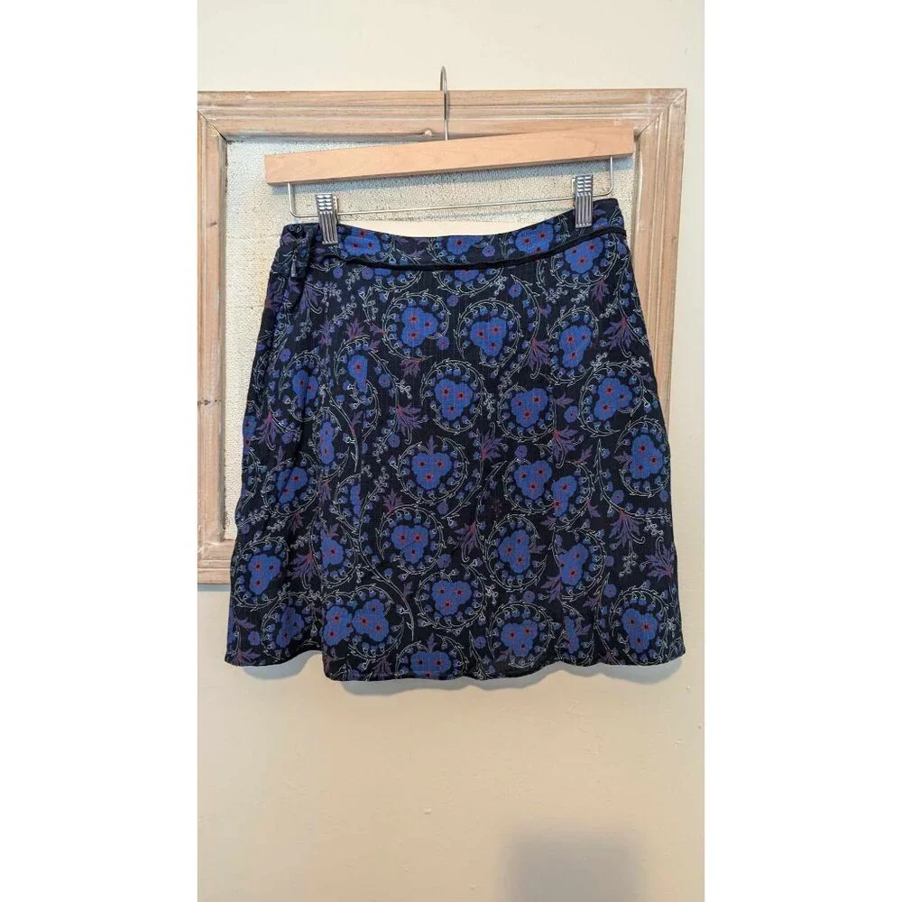 Derek Lam 10 Crosby Silk Navy&Blue Floral Short Skirt Size 4 Ruche Detailing